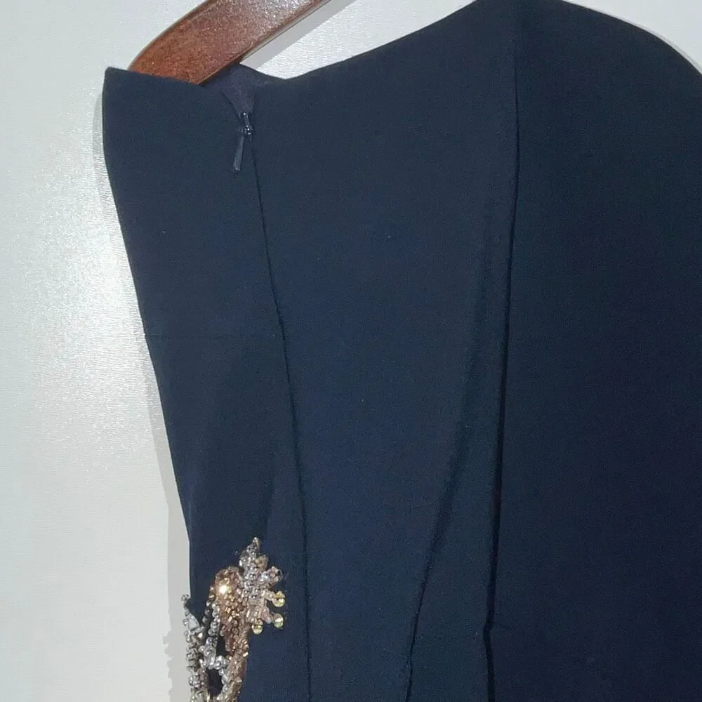 Marchesa Notte Navy One Shoulder Beaded Stretch Crepe Long Gown Size 2‎ NWT